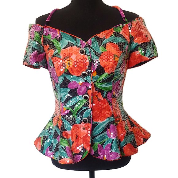 Vintage WILD 1980s Glam Floral Pinup Peplum Top - Picture 1 of 5